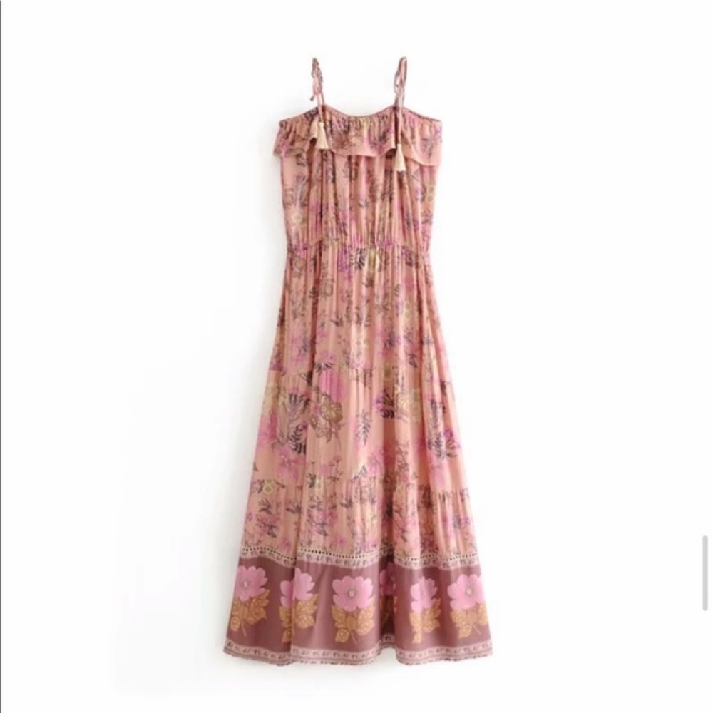 Bohemian Floral Print Tassel Cami Dress Pink Boho - Picture 7 of 7
